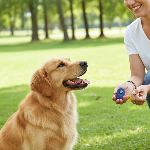 Woman training a golden retriever with a clicker in a park