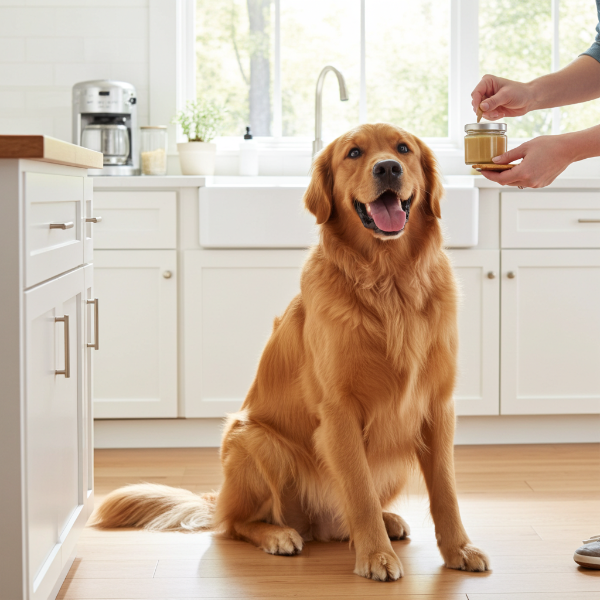 Golden retriever sitting on a kitchen floor with a person holding a jar of peanut butter