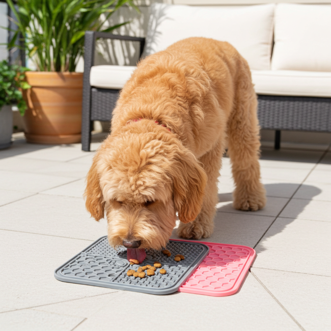 Dog eating from a mat on a patio